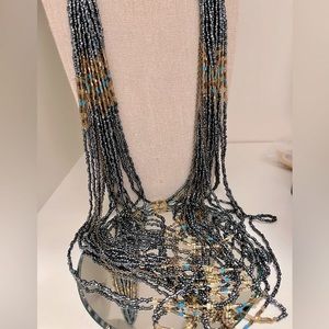 - Maasai African Bead Waterfall Necklace in turquoise, blues, greens, gold…